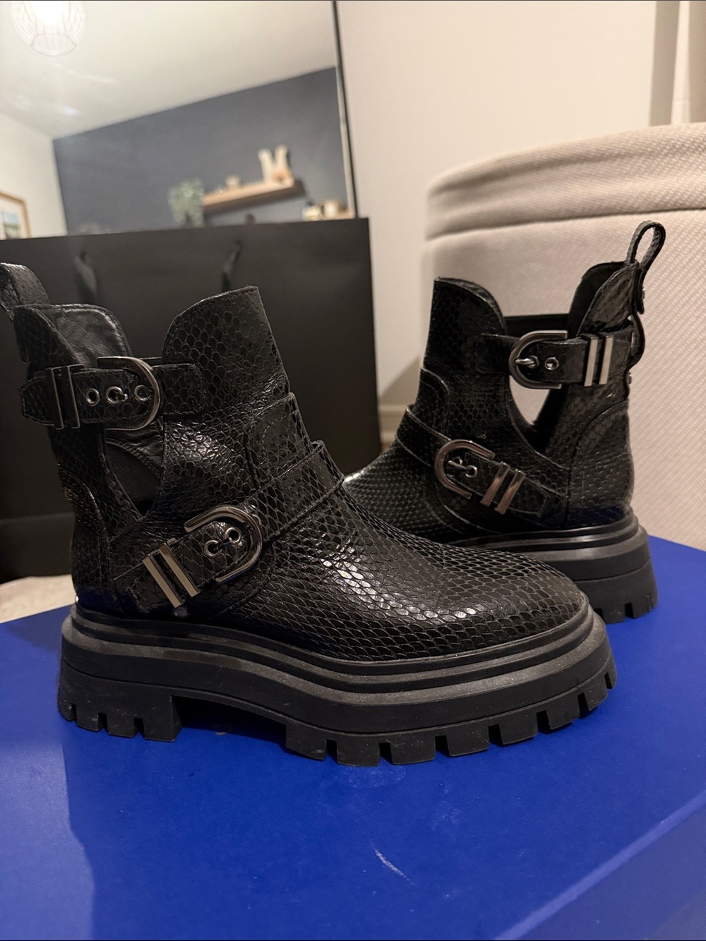 Stuart Weitzman Black Textured Lug-Sole Lace-Up Boots